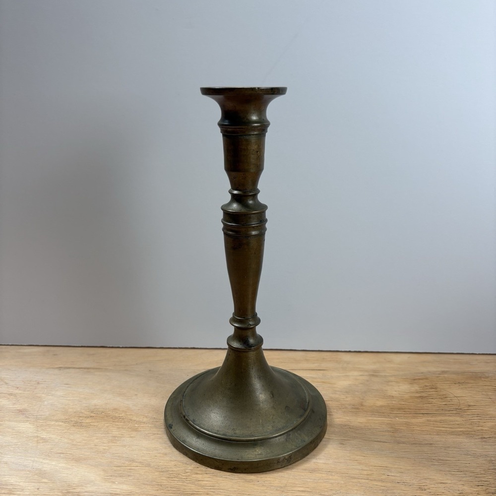 Vintage Brass Hollow-Cast Unpolished Candlestick Holder 8" Turned Stem Patina